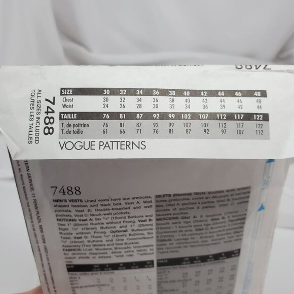 Vogue Accessories 7488 Mens Vest Sewing Pattern  XS-XL multi styles UNCUT - Picture 8 of 11